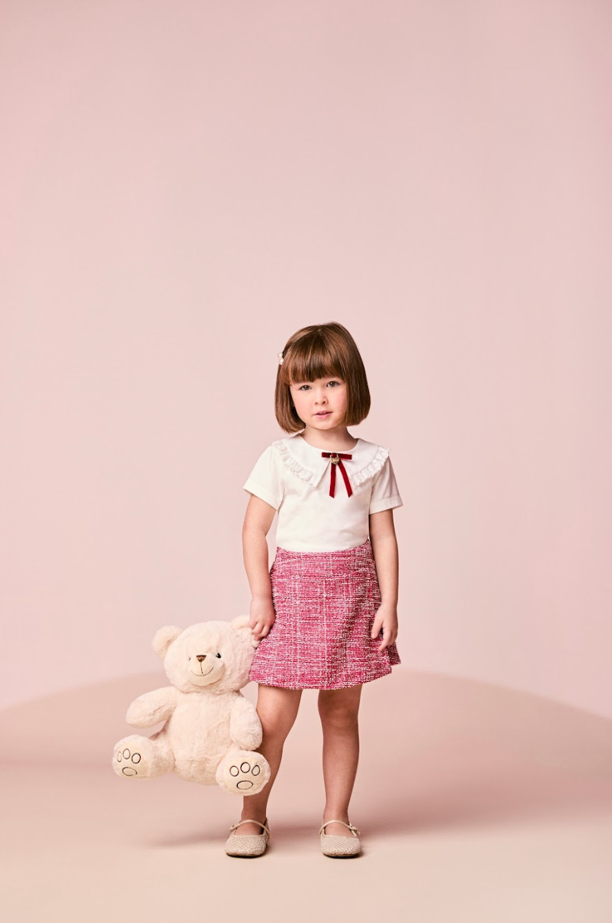 Conjunto Infantil Blusa Manga Longa Gola Laço e Shorts-saia Tweed - Momi
