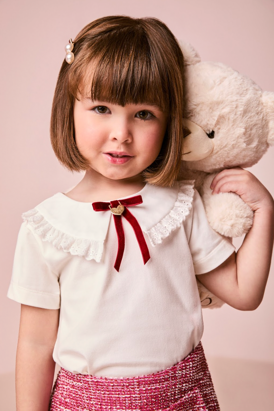 Conjunto Infantil Blusa Manga Longa Gola Laço e Shorts-saia Tweed - Momi