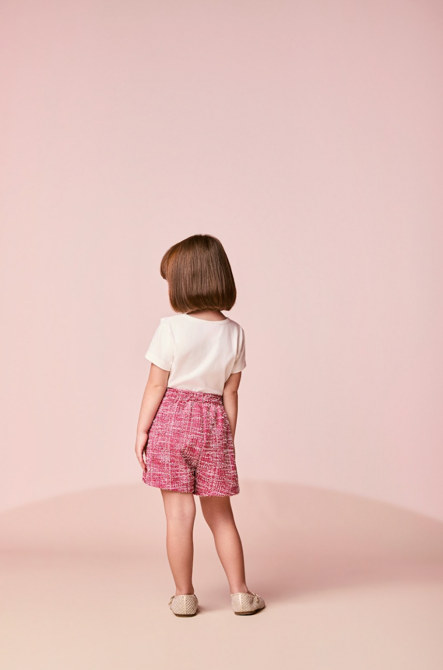 Conjunto Infantil Blusa Manga Longa Gola Laço e Shorts-saia Tweed - Momi