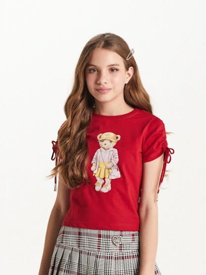 Camiseta Teen Baby Look Ursinho Amarração Mangas Vermelha - Two In