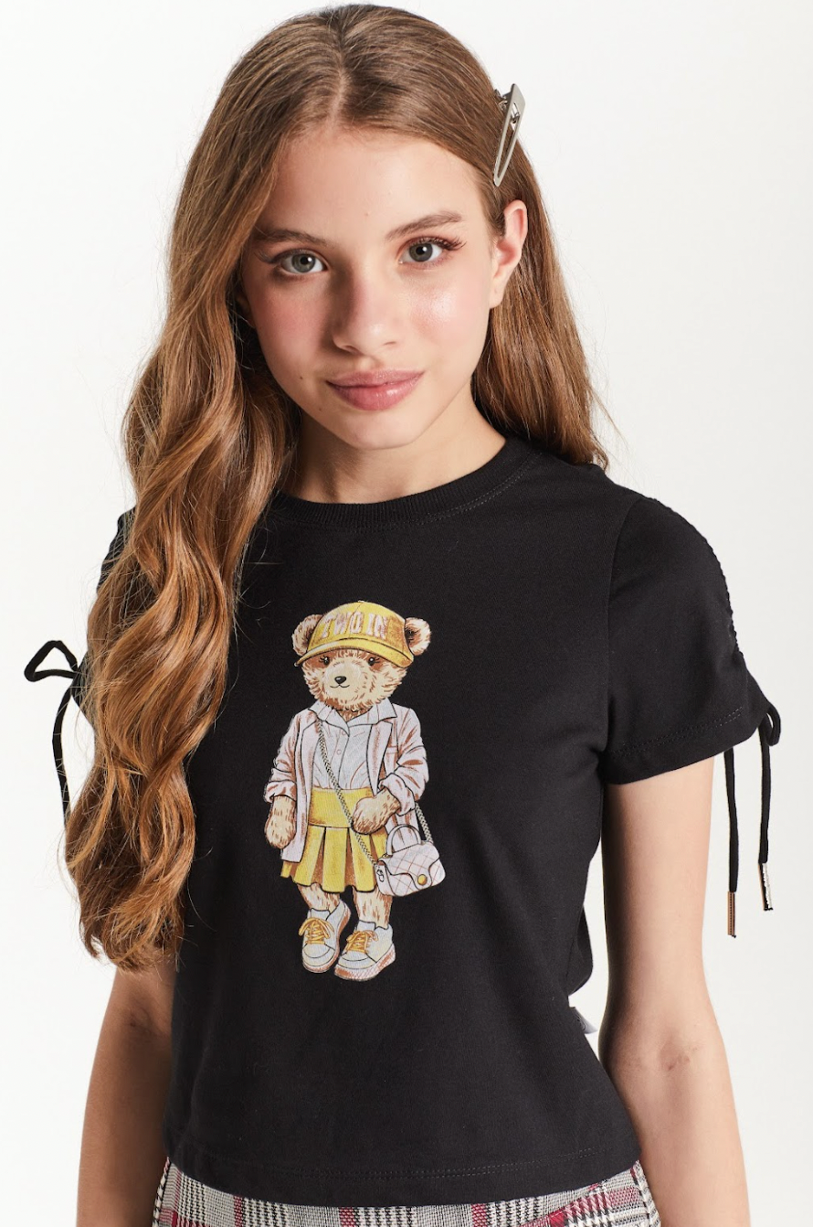 Camiseta Teen Baby Look Ursinho Amarração Mangas Preta - Two In