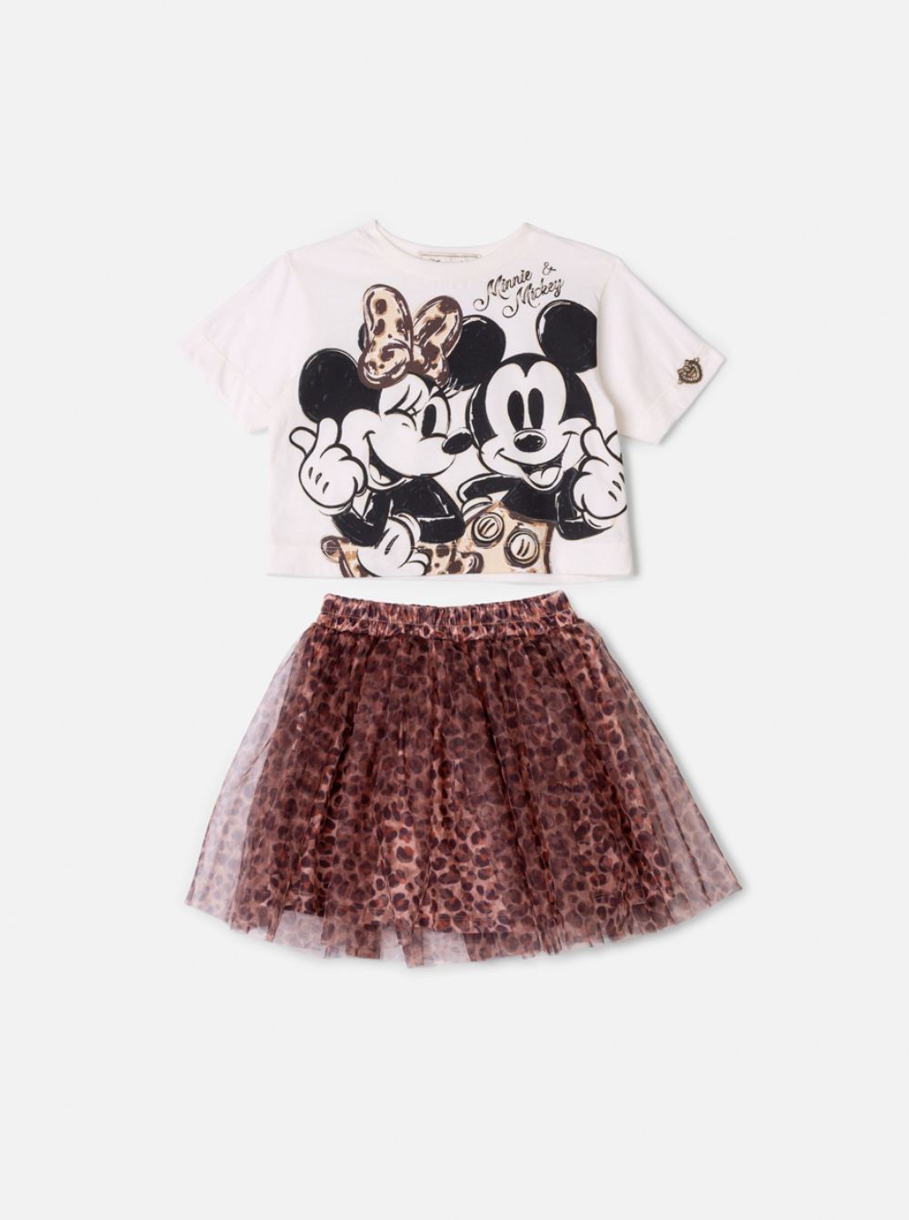 Conjunto Infantil Blusa Minnie & Mickey e Saia Tule Plissada Animal Print - Animê