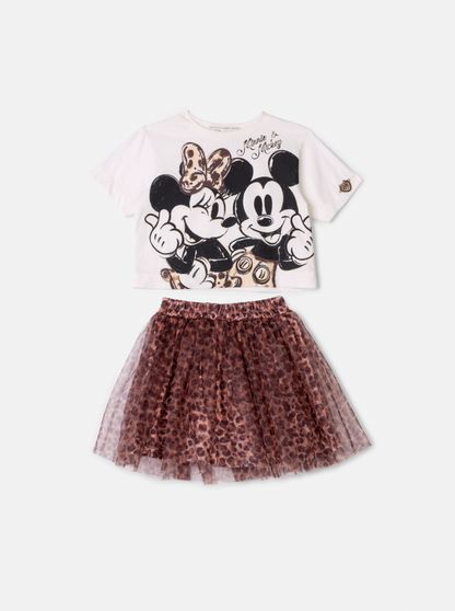 Conjunto Infantil Blusa Minnie & Mickey e Saia Tule Plissada Animal Print - Animê
