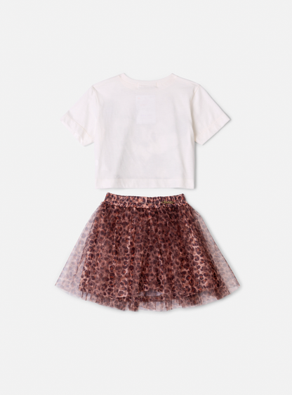 Conjunto Infantil Blusa Minnie & Mickey e Saia Tule Plissada Animal Print - Animê