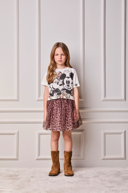 Conjunto Infantil Blusa Minnie & Mickey e Saia Tule Plissada Animal Print - Animê