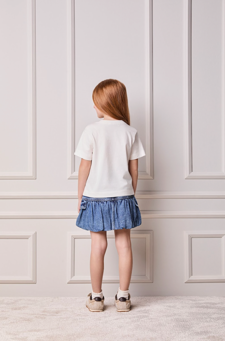 Conjunto Infantil Blusa Minnie & Mickey Lantejoulas e Saia Jeans Balonê Mini-Joia - Animê