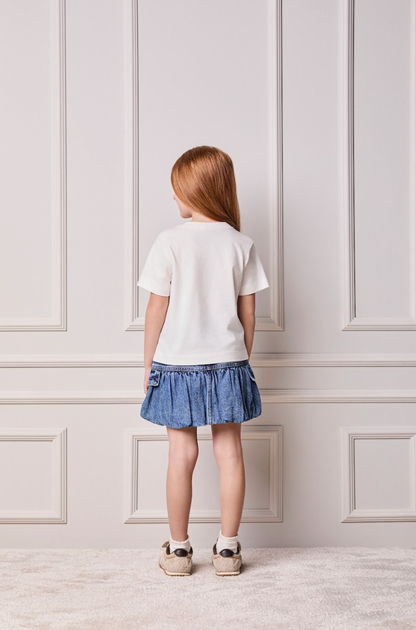 Conjunto Infantil Blusa Minnie & Mickey Lantejoulas e Saia Jeans Balonê Mini-Joia - Animê