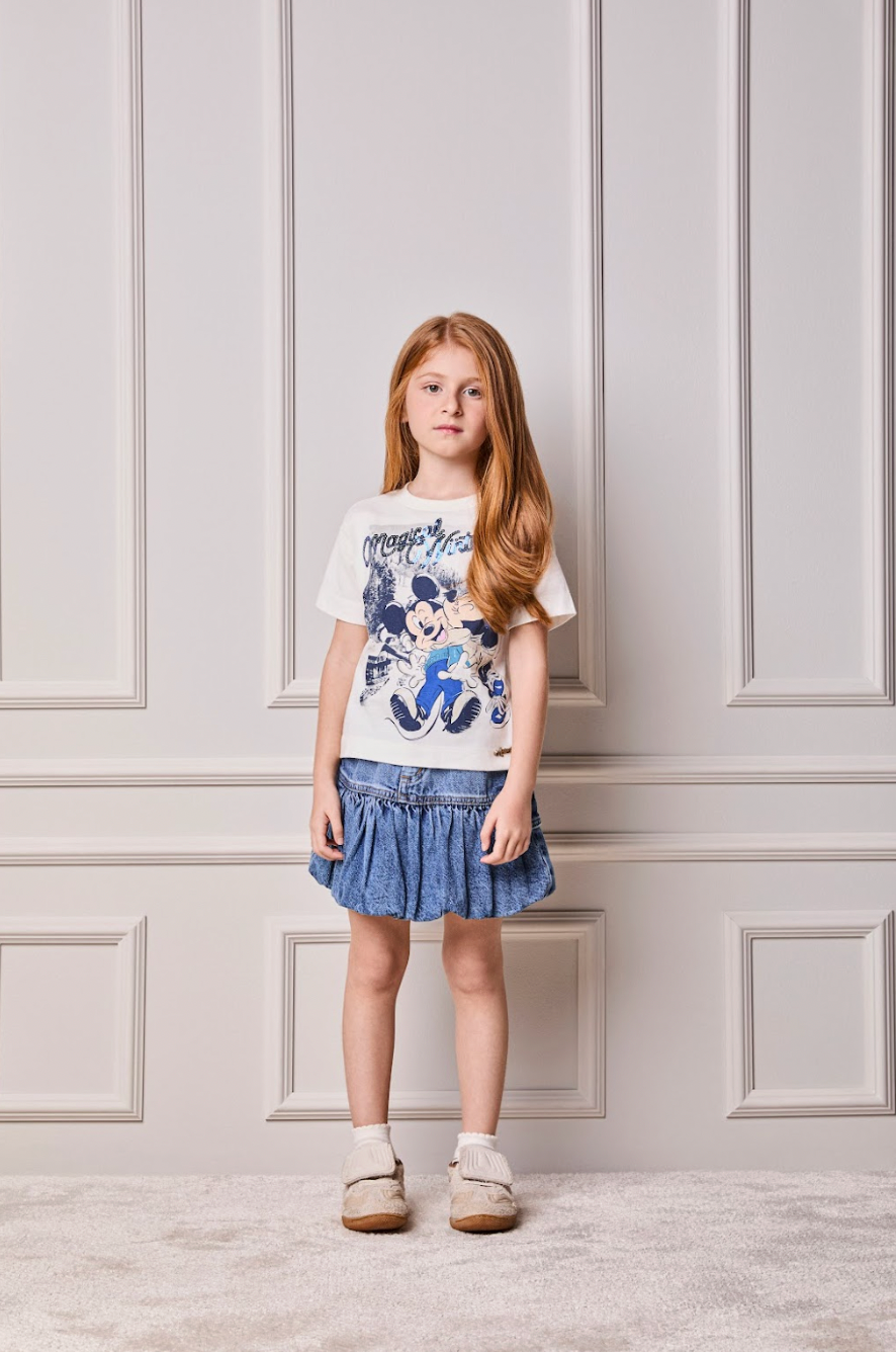 Conjunto Infantil Blusa Minnie & Mickey Lantejoulas e Saia Jeans Balonê Mini-Joia - Animê