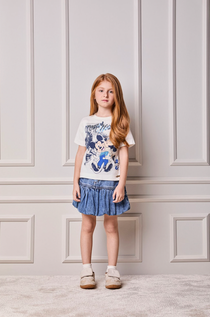 Conjunto Infantil Blusa Minnie & Mickey Lantejoulas e Saia Jeans Balonê Mini-Joia - Animê