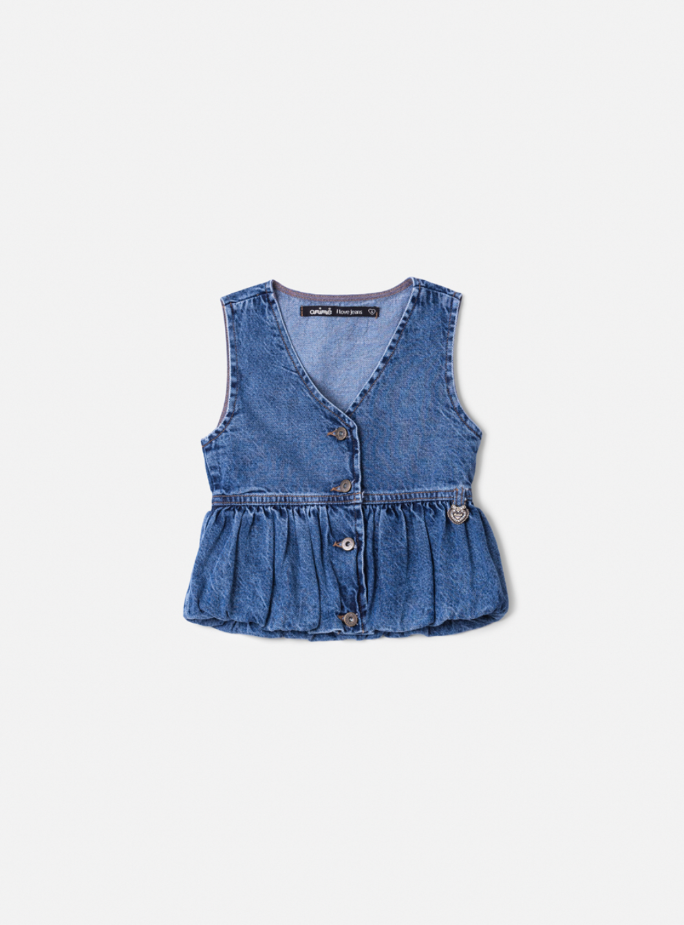 Conjunto Infantil Trio Colete Balonê Mini-Joia, Camisa Gola Babados Rendas e Calça Jeans Bolsos Laterais Mini-Joia - Animê