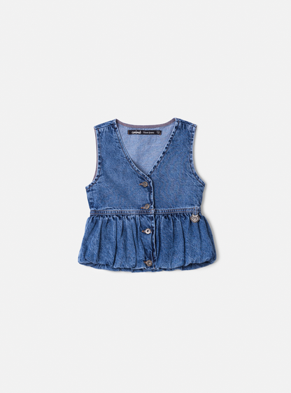 Conjunto Infantil Trio Colete Balonê Mini-Joia, Camisa Gola Babados Rendas e Calça Jeans Bolsos Laterais Mini-Joia - Animê