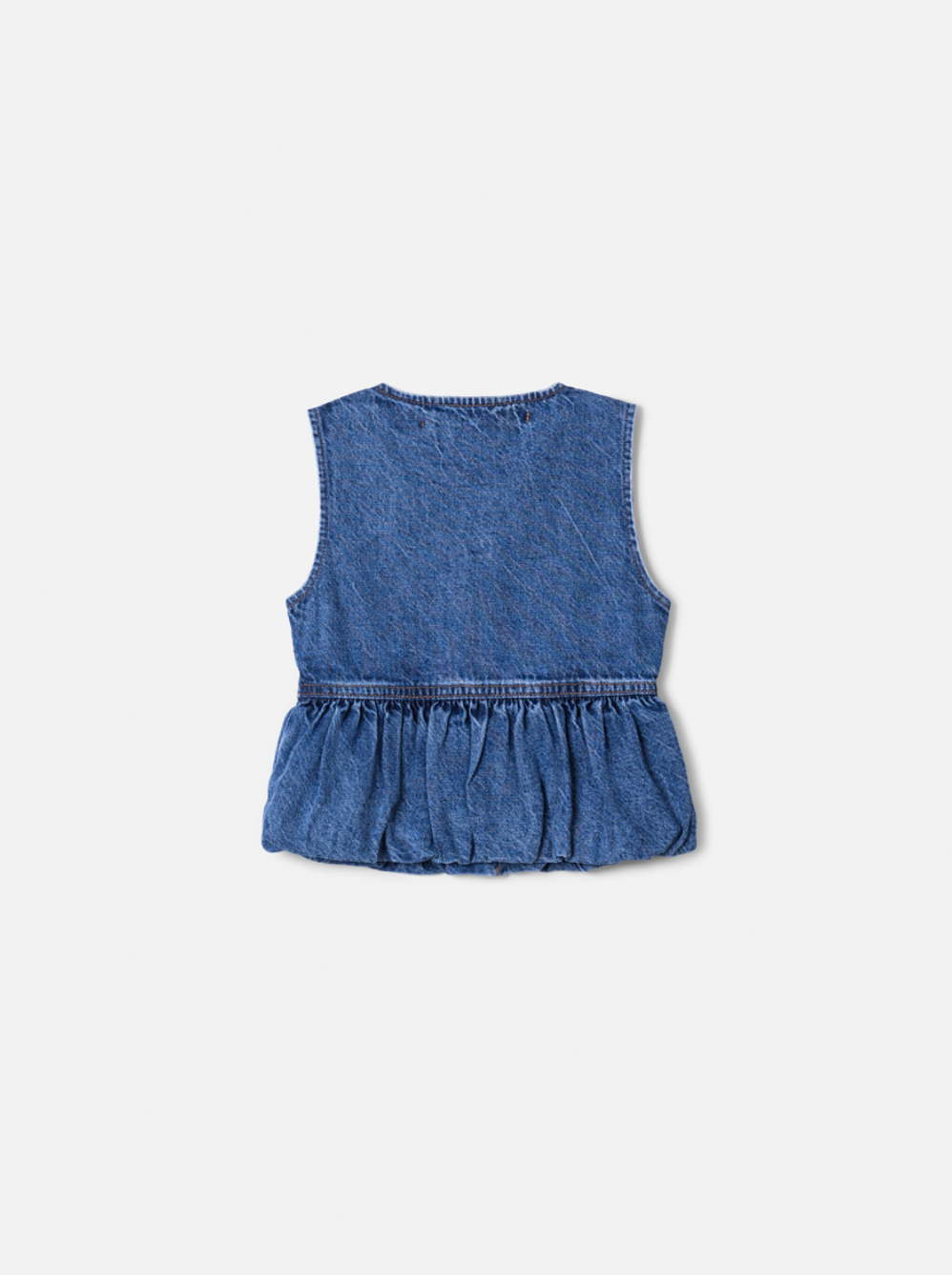 Conjunto Infantil Trio Colete Balonê Mini-Joia, Camisa Gola Babados Rendas e Calça Jeans Bolsos Laterais Mini-Joia - Animê