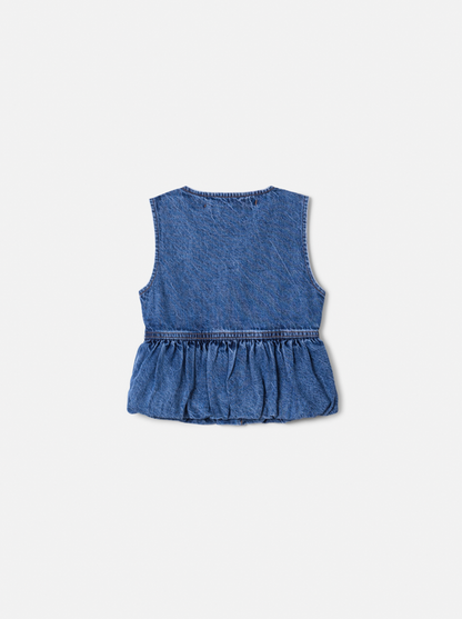 Conjunto Infantil Trio Colete Balonê Mini-Joia, Camisa Gola Babados Rendas e Calça Jeans Bolsos Laterais Mini-Joia - Animê