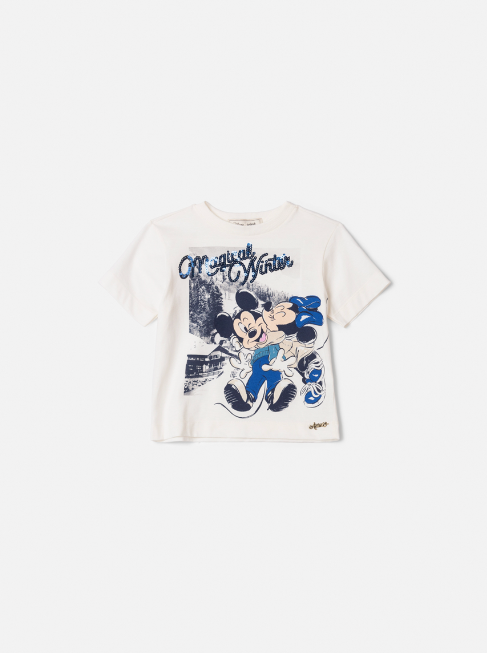 Conjunto Infantil Blusa Minnie & Mickey Lantejoulas e Saia Jeans Balonê Mini-Joia - Animê