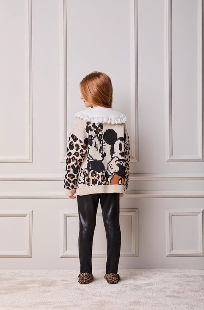 Conjunto Infantil Trio Tricot Minnie Animal Print, Camisa Gola Babados Rendas e Calça Montaria com Pezinho Preta - Animê