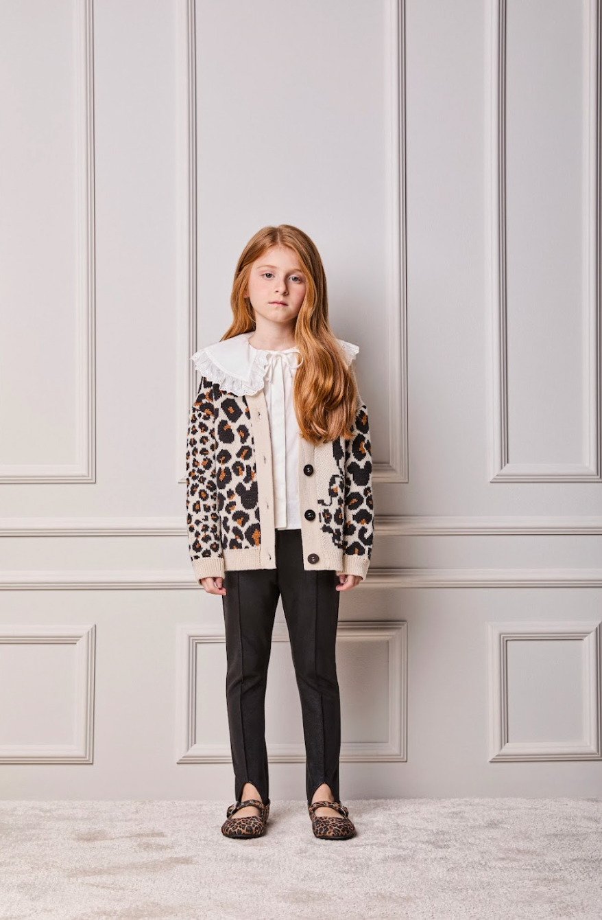 Conjunto Infantil Trio Tricot Minnie Animal Print, Camisa Gola Babados Rendas e Calça Montaria com Pezinho Preta - Animê
