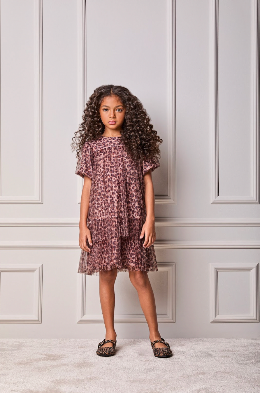 Vestido Infantil Tule Plissado Animal Print - Animê