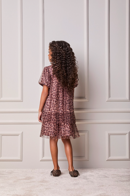 Vestido Infantil Tule Plissado Animal Print - Animê