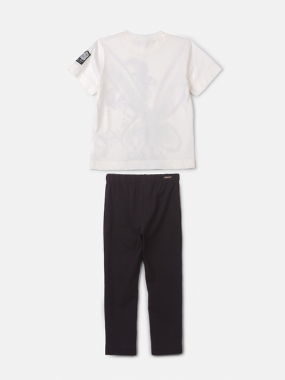 Conjunto Infantil Blusa Tiker Bell Off White e Legging Básica Preta - Animê Petite
