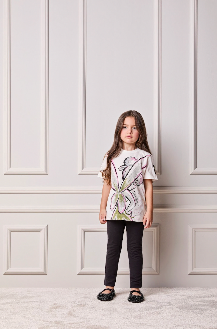 Conjunto Infantil Blusa Tiker Bell Off White e Legging Básica Preta - Animê Petite