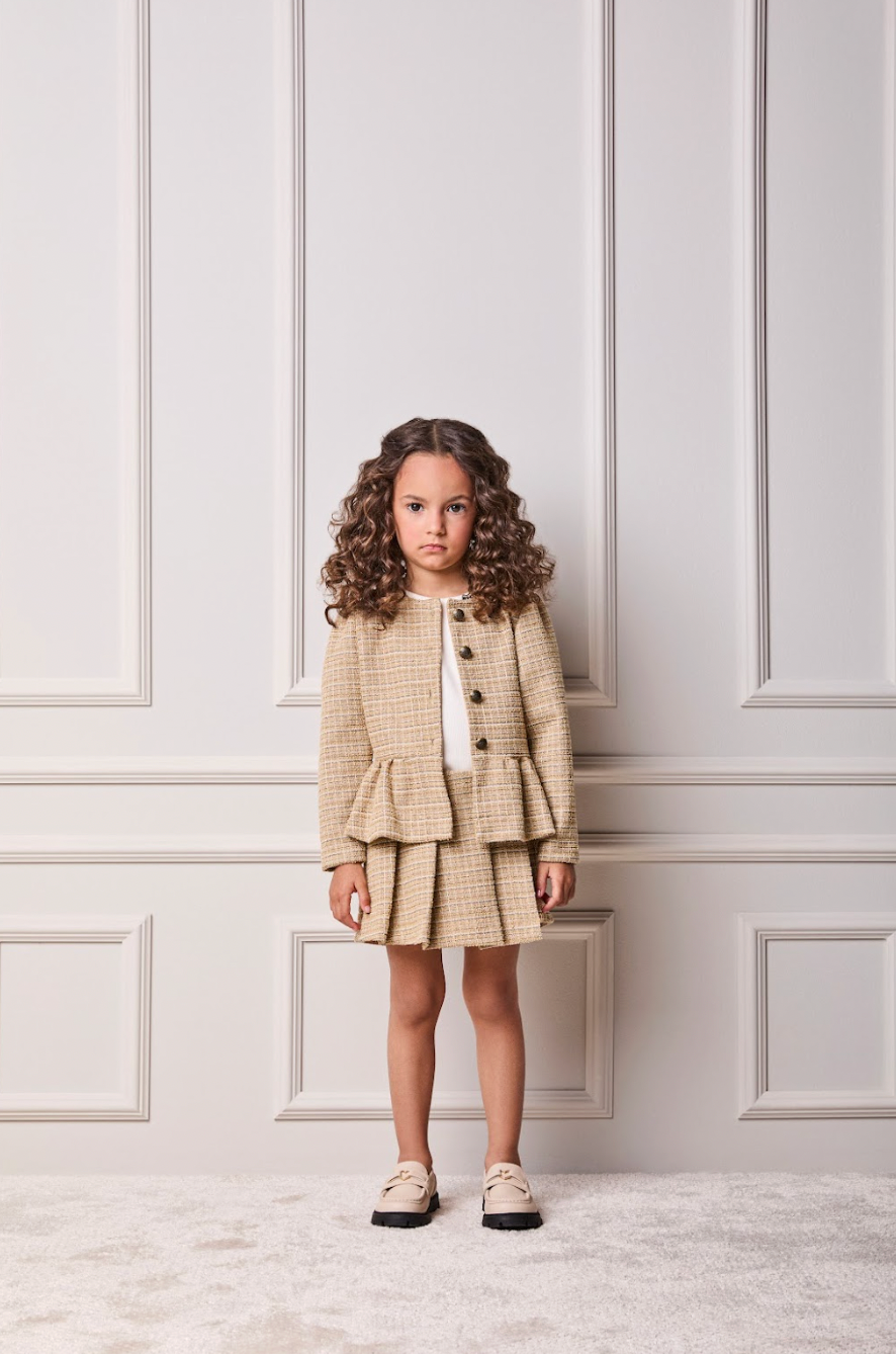 Conjunto Infantil Blusa Essential Mini-Joia e Saia Pregas Tweed Bege - Animê Petite