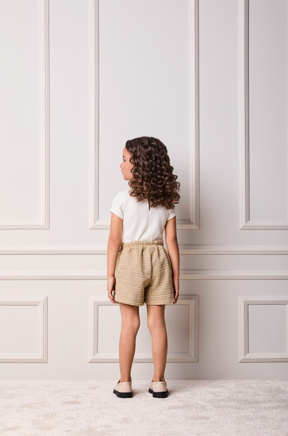 Conjunto Infantil Blusa Essential Mini-Joia e Saia Pregas Tweed Bege - Animê Petite