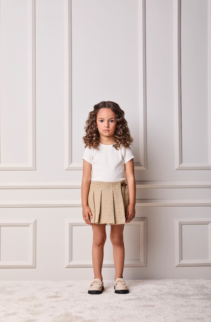 Conjunto Infantil Blusa Essential Mini-Joia e Saia Pregas Tweed Bege - Animê Petite