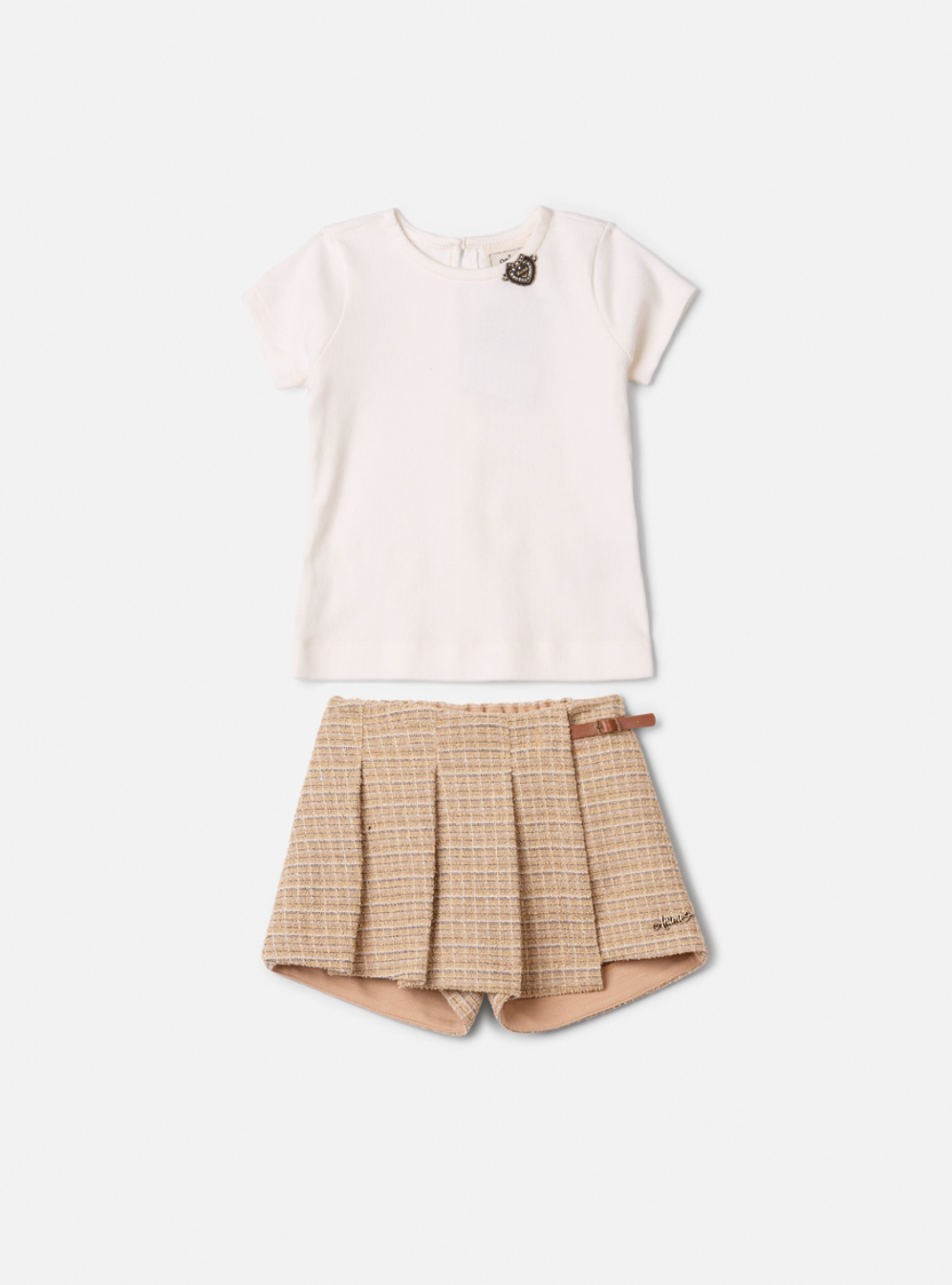 Conjunto Infantil Blusa Essential Mini-Joia e Saia Pregas Tweed Bege - Animê Petite