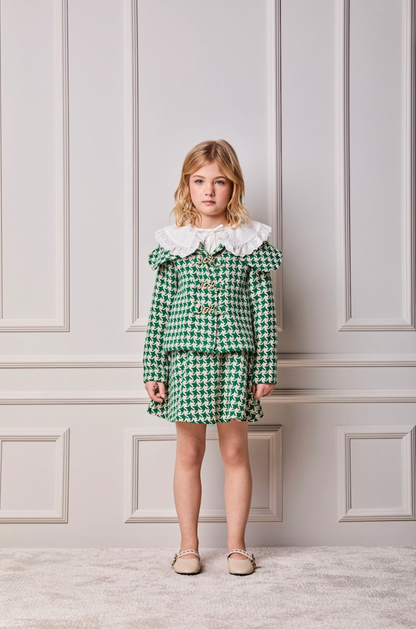 Conjunto Infantil Trio Casaco Tweed Xadrez, Camisa Gola Babados Rendas e Saia Tweed Xadrez - Animê