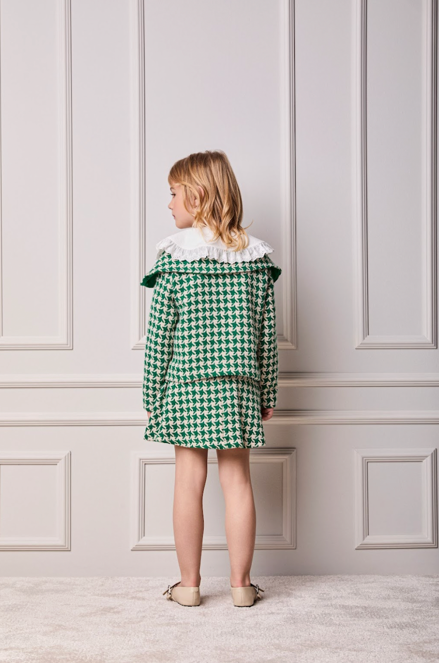 Conjunto Infantil Trio Casaco Tweed Xadrez, Camisa Gola Babados Rendas e Saia Tweed Xadrez - Animê