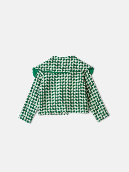 Conjunto Infantil Trio Casaco Tweed Xadrez, Camisa Gola Babados Rendas e Saia Tweed Xadrez - Animê