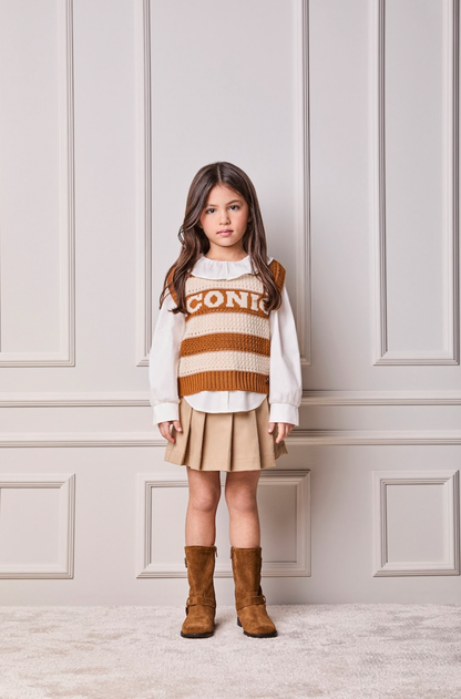 Conjunto Infantil Trio Colete Tricô Iconic, Camisa Gola Babados Rendas e Saia Sarja com Pregas - Animê
