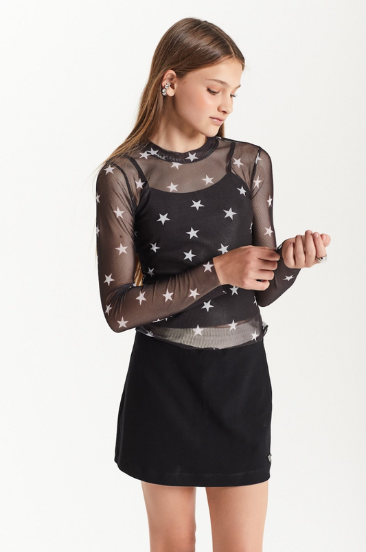 Conjunto Teen Blusa ML Tule Estrelas e Saia Sarja com Pregas Preta - Two In