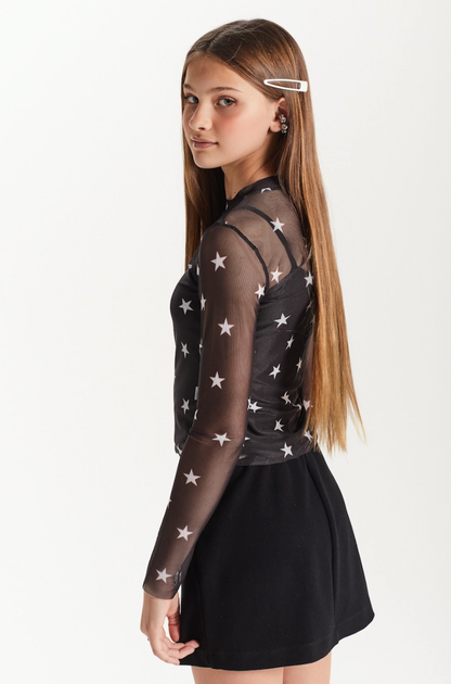 Conjunto Teen Blusa ML Tule Estrelas e Saia Sarja com Pregas Preta - Two In