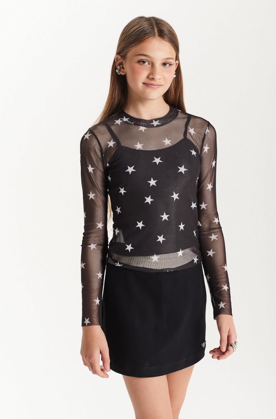 Conjunto Teen Blusa ML Tule Estrelas e Saia Sarja com Pregas Preta - Two In