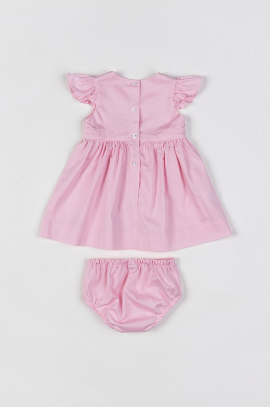 Vestido Bebê Algodão Rodado Bolsos e Bordado Floral Rosa Claro - Um Mais Um
