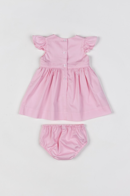 Vestido Bebê Algodão Rodado Bolsos e Bordado Floral Rosa Claro - Um Mais Um