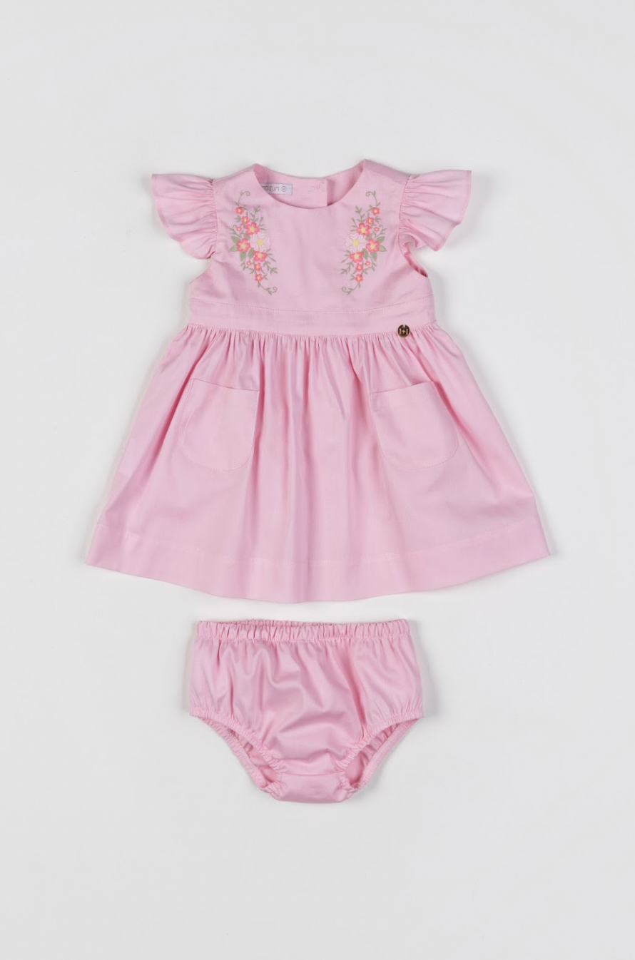 Vestido Bebê Algodão Rodado Bolsos e Bordado Floral Rosa Claro - Um Mais Um
