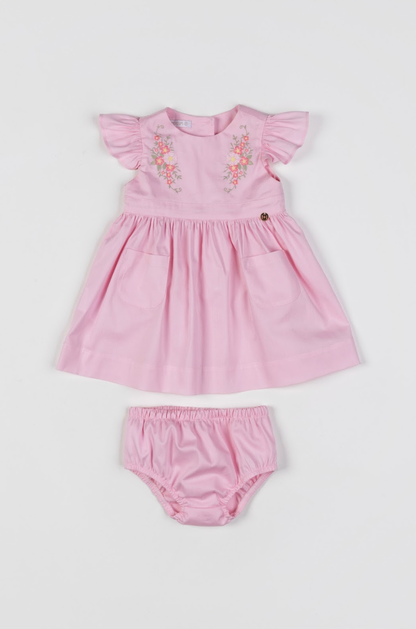 Vestido Bebê Algodão Rodado Bolsos e Bordado Floral Rosa Claro - Um Mais Um