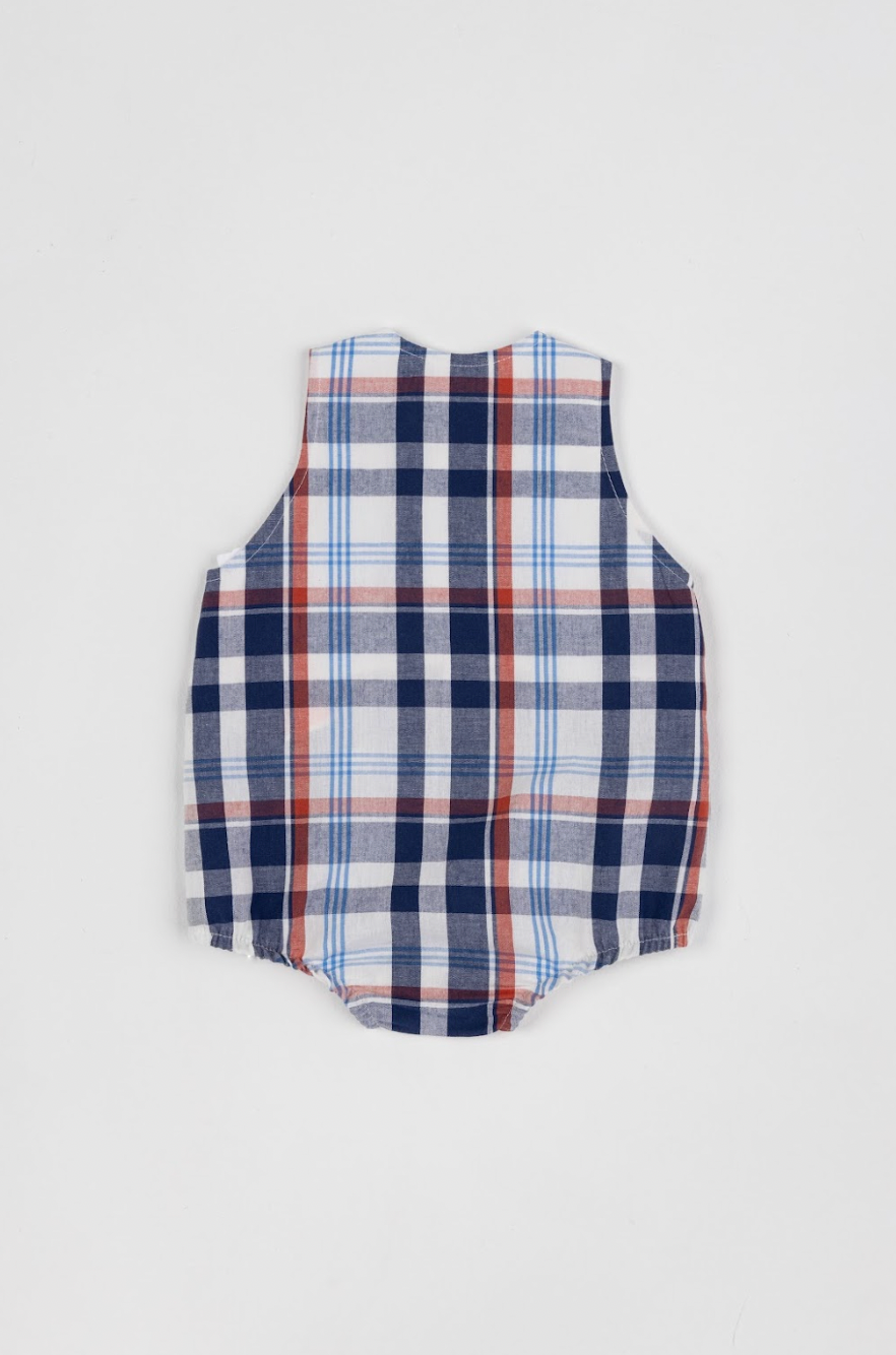 Romper Bebê Fofinho Tricoline Xadrez Fio Tinto Azul - Um Mais Um