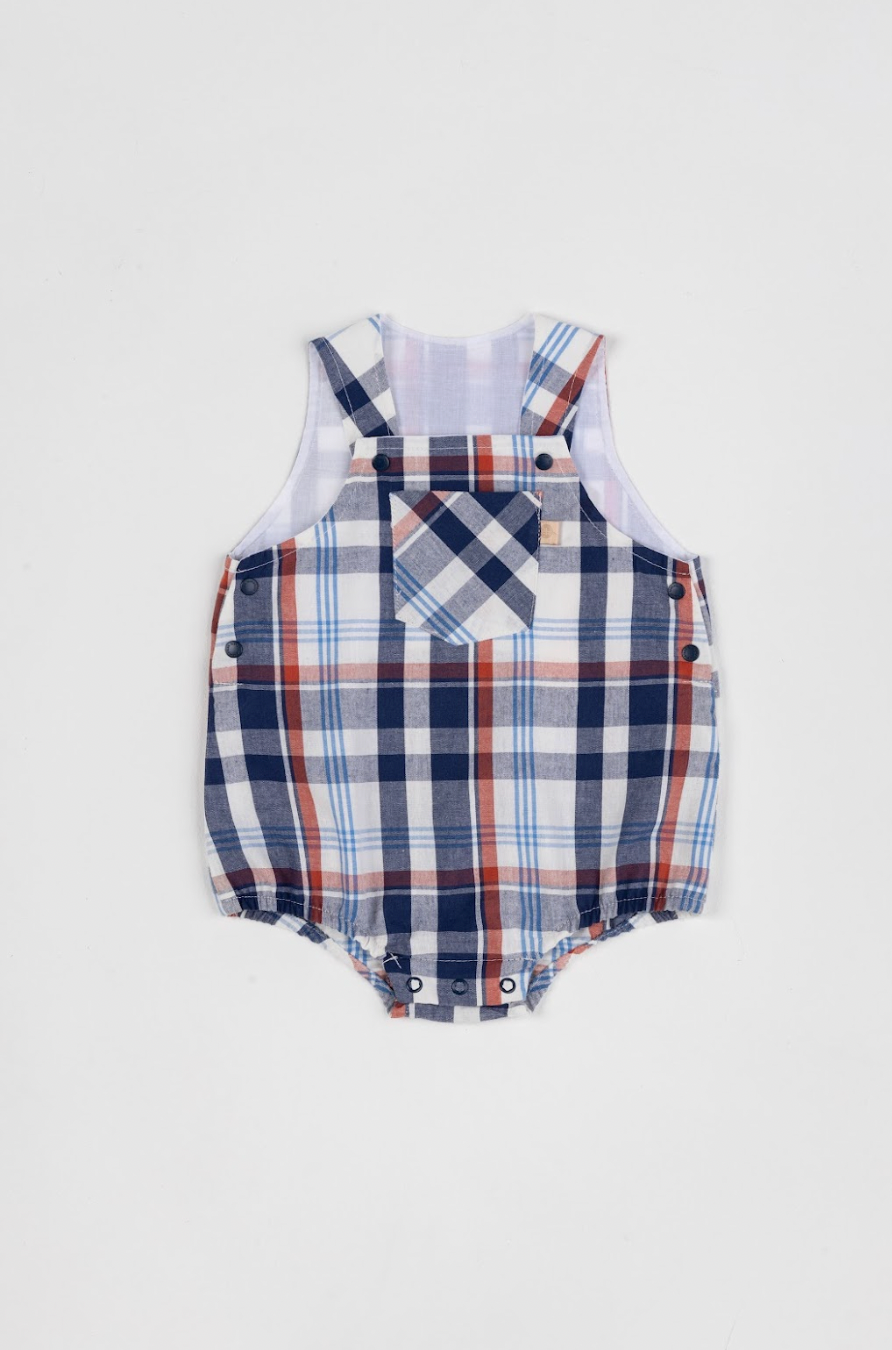 Romper Bebê Fofinho Tricoline Xadrez Fio Tinto Azul - Um Mais Um