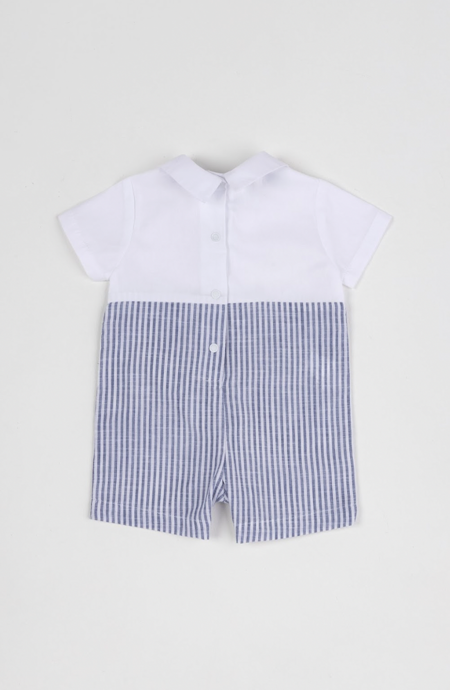 Romper Bebê Camisaria Algodão Cambraia e Fio Tinto Gola e Lapela Marinho - Um Mais Um