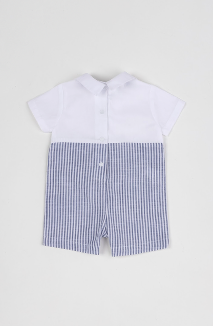 Romper Bebê Camisaria Algodão Cambraia e Fio Tinto Gola e Lapela Marinho - Um Mais Um