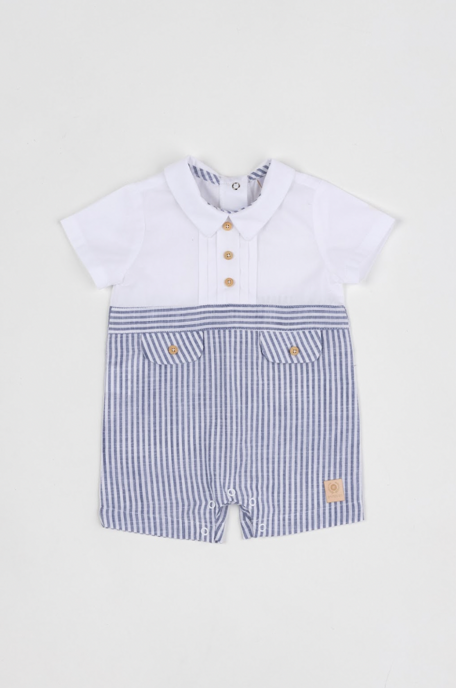 Romper Bebê Camisaria Algodão Cambraia e Fio Tinto Gola e Lapela Marinho - Um Mais Um