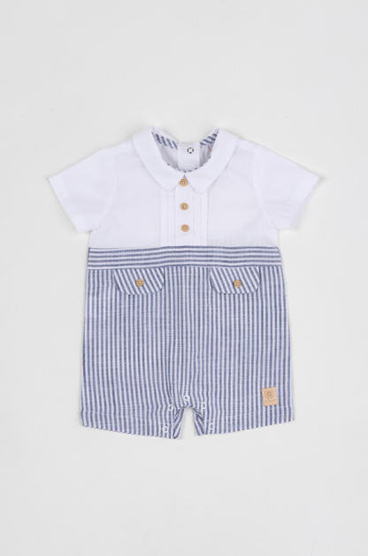 Romper Bebê Camisaria Algodão Cambraia e Fio Tinto Gola e Lapela Marinho - Um Mais Um