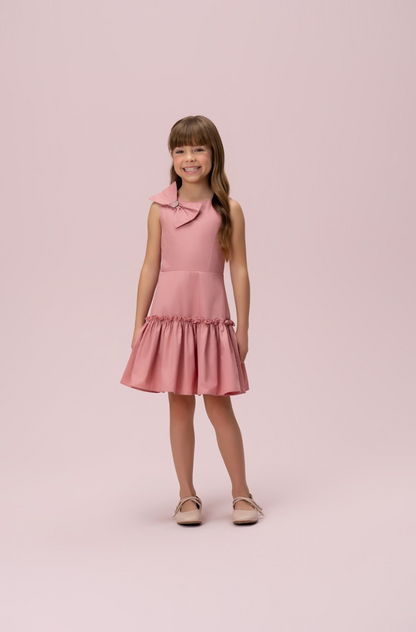 Vestido Infantil Algodão Laço Strass Ombro Rosé - Petit Cherie