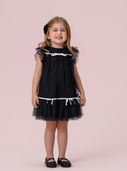Vestido Infantil Trapézio Bonequinha Luxo Preto Laços Brancos - Petit Cherie
