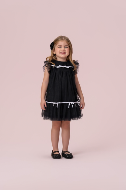 Vestido Infantil Trapézio Bonequinha Luxo Preto Laços Brancos - Petit Cherie