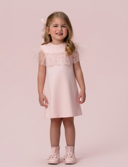 Vestido Infantil Trapézio Bonequinha Tule Bordado Rosa - Petit Cherie