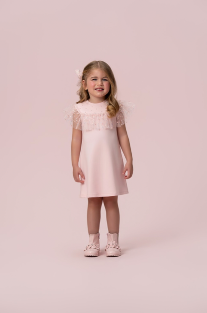 Vestido Infantil Trapézio Bonequinha Tule Bordado Rosa - Petit Cherie